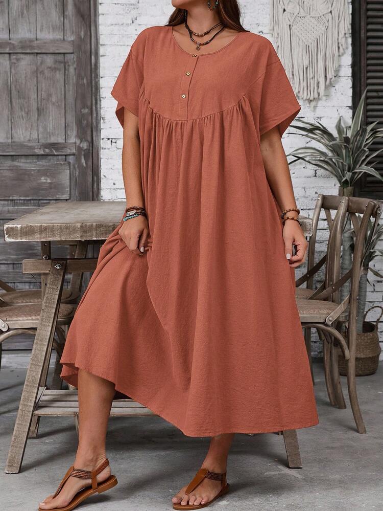 Plus Size Solid Color Minimalist Daily Wear Round Neck Short Sleeve Dress, Summer Dresses