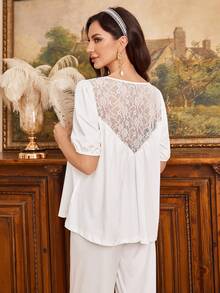 PalaceNights Palace Style Women's White Embroidered Hollow Collar Puff Sleeve Blouse, Lace Patchwork Backless Design, Loose Fit, Suitable For Daily Wear - White - View 2