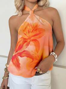 SHEIN EZwear 橙色芙蓉花印花女士吊带上衣，休闲简约度假风，春夏海滩巡航波西米亚西部风情节日海岛女孩复古海滨浪漫度假氛围春假可爱居家柔美女孩洁净女孩音乐节演唱会婚礼宾客城市旅行优雅假日装 - 彩色 - 查看 7