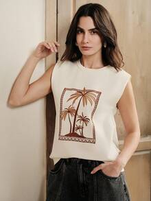 Anewsta 女士休闲街头沙滩度假风棕榈树刺绣白色无袖T恤沙滩上衣女士夏季上衣 - 白色 - 查看 7