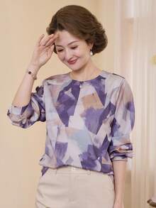 Vivie Lora Women's Loose Fit Round Neck Geometric Pattern Shirt - Purple - View 6