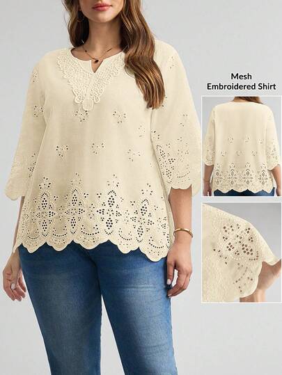 Comfylo Blusa de mujer talla grande con escote en V calado y bordado, de manga 3/4