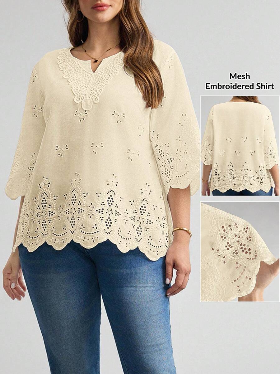 Comfylo 大码女式镂空刺绣V领七分袖衬衫 - 杏色 - 查看 1