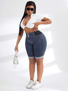 Slaydiva Plus Size Denim Baggy Elastic Waist Shorts, Fashionable For Autumn - Dark Wash - View 3