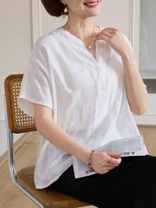 Vivie Lora Women's Solid Color V-Neck Loose Half-Placket Batwing Short Sleeve Blouse - White - View 6