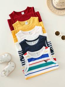 SHEIN 5pcs/Set Baby Boy Casual Cute Colorful Striped Knit Tank Tops, Versatile Summer All-Match Vest Multipack - Multicolor - View 7