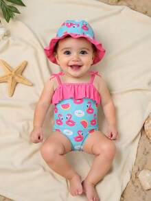 Infant & Baby GirlCute Flamingo Print Knit Fabric Swimsuit Set With Swimming Cap, Suitable For Summer Vacation Swimming - Pink - View 1