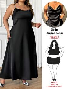 SHEIN CURVE+ Đầm slip sang trọng, màu trơn, cổ xếp ly, dành cho nữ cỡ lớn, thích hợp cho mùa Thu/Đông, Giáng sinh, Năm mới, Lễ Tạ ơn, Tiệc tùng, Đám cưới, Đi biển, Lễ tốt nghiệp, Thanh lịch, Thường ngày, Đi chơi, Hẹn hò, Hẹn hò, Đi làm. - màu đen - Xem 10