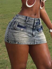 SHEIN SXY 女士休闲百搭短款牛仔 A 字迷你裙 - 藍色 - 查看 3