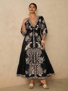 Travachic 大码女式蓝白碎花印花长款连衣裙，V领中袖浪漫度假连衣裙，蕾丝边饰长款连衣裙 - 黑色 - 查看 6