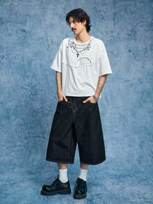 ROMWE MEN Street Life Men's Denim Oblique Placket Snap Button Shorts - Black - View 4