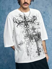 ROMWE MEN Street Life 男士休闲宽松圆领七分袖T恤，深色翅膀十字印花 - 黑與白 - 查看 6