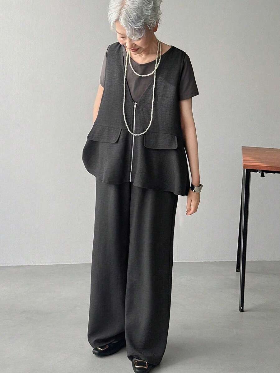 FRIFUL 女士深灰色宽松休闲百搭背心裤套装 - 深灰色 - 查看 1