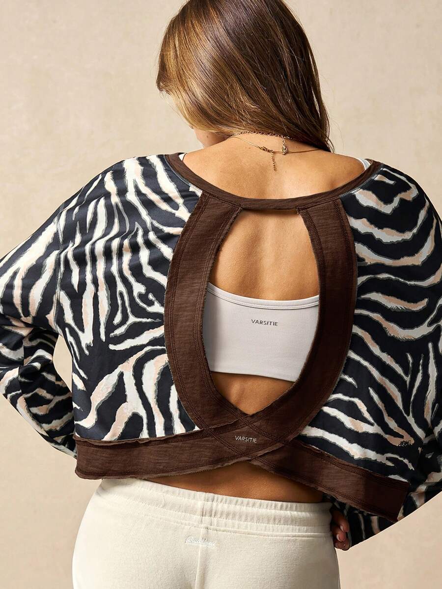 VARSIVA 女士斑马纹休闲百搭日常穿着及户外运动长袖T恤 - 酒紅色 - 查看 1