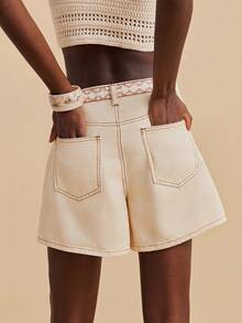 Travachic 女士休闲宽松牛仔短裤，腰果印花，纽扣门襟和口袋 - 卡其色 - 查看 3