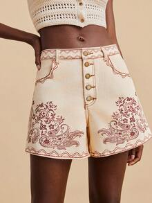 Travachic 女士休闲宽松牛仔短裤，腰果印花，纽扣门襟和口袋 - 卡其色 - 查看 4