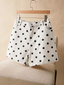 Elaquor Plus Size Women Polka Dot Print Pocket Loose Denim Shorts Jorts - White - View 1