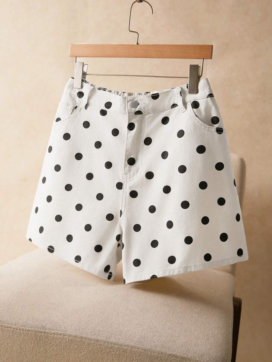 Elaquor Plus Size Women Polka Dot Print Pocket Loose Denim Shorts Jorts - White - View 1