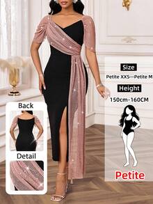 SHEIN Lady Petite Abito elegante da donna di taglia petite, con scollo a cuore, maniche corte a raglan, con paillettes, in rete, con volant laterali e spacco, in colori a contrasto - nero - Visualizzare 1