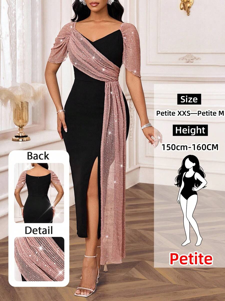 SHEIN Lady Petite Abito elegante da donna di taglia petite, con scollo a cuore, maniche corte a raglan, con paillettes, in rete, con volant laterali e spacco, in colori a contrasto - nero - Visualizzare 1