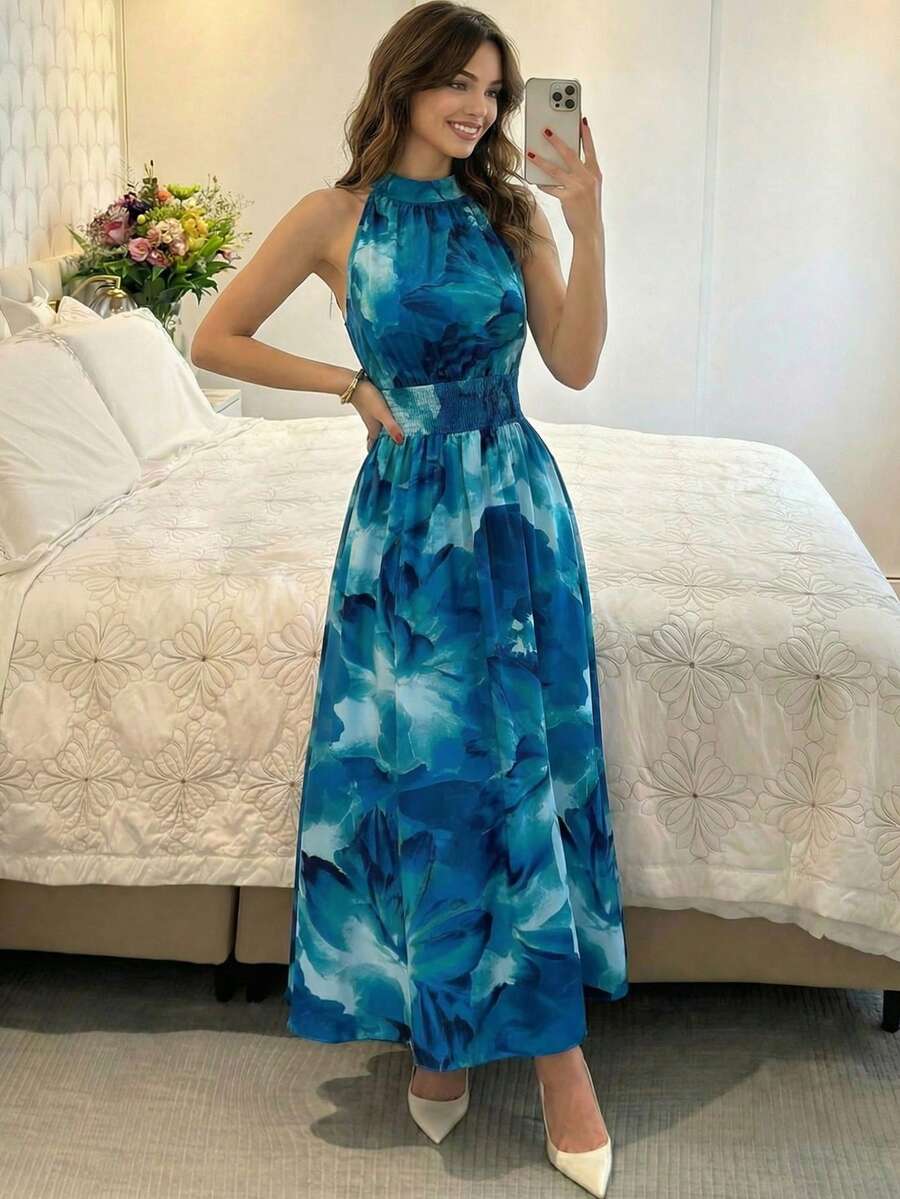 Modelyn 女士蓝色扎染印花无袖吊带腰部系带A字连衣裙 - 綠色 - 查看 1