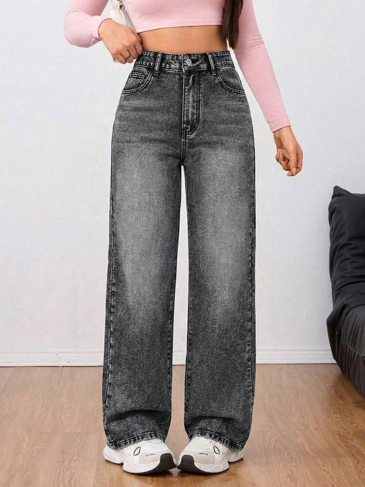 Jeanoix 休闲水洗高腰直筒牛仔裤 - 淺灰色 - 查看 1