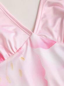 Sweetra Women's Pink Floral Print High Elasticity Deep V-Neck Camisole Tie-Up Fitted Low Waist Sexy Sweet Romantic Beach Vacation 2-Piece Set - Pink - View 5