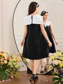 SHEIN 少女法式优雅学院风纯色撞色编织连衣裙，可爱水手领无袖宽松连衣裙，黑色，适合日常出行和返校穿着 - 黑色 - 查看 2