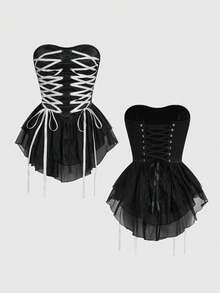 Sweetness Đầm ngắn thời trang mùa xuân/hè dành cho nữ, thiết kế corset thắt dây, viền bèo nhún. - màu đen - Xem 5