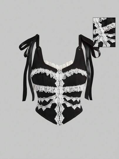 ROMWE Goth 女士哥特式蕾丝边天鹅绒吊带背心