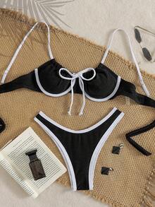 Swim Mod White Textured Fabric Soft Cup Removable Padded Underwire Bikini Top With Brown Bow Tie, Minimalist Sexy Women 2-Piece Swimsuit For Vacation - Black and White - View 1