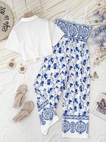 SHEIN Set da 2 pezzi per ragazze adolescenti, composto da una camicia bianca basic con nodo davanti e un tuta con scollo a V e stampa tropicale floreale, adatto per primavera/estate, casual, vacanze, spiaggia, pranzi fuori, campagna - Blu e Bianco - Visualizzare 2
