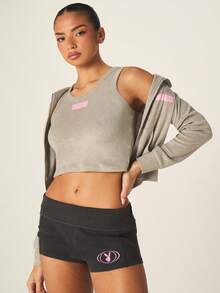 Missguided x Playboy Racerback Tank Top With Pink Logo Detail Sleeveless Ribbed Cropped Summer Athletic Training Casual Comfortable Fitted Sports Bra Style - Grey - View 3