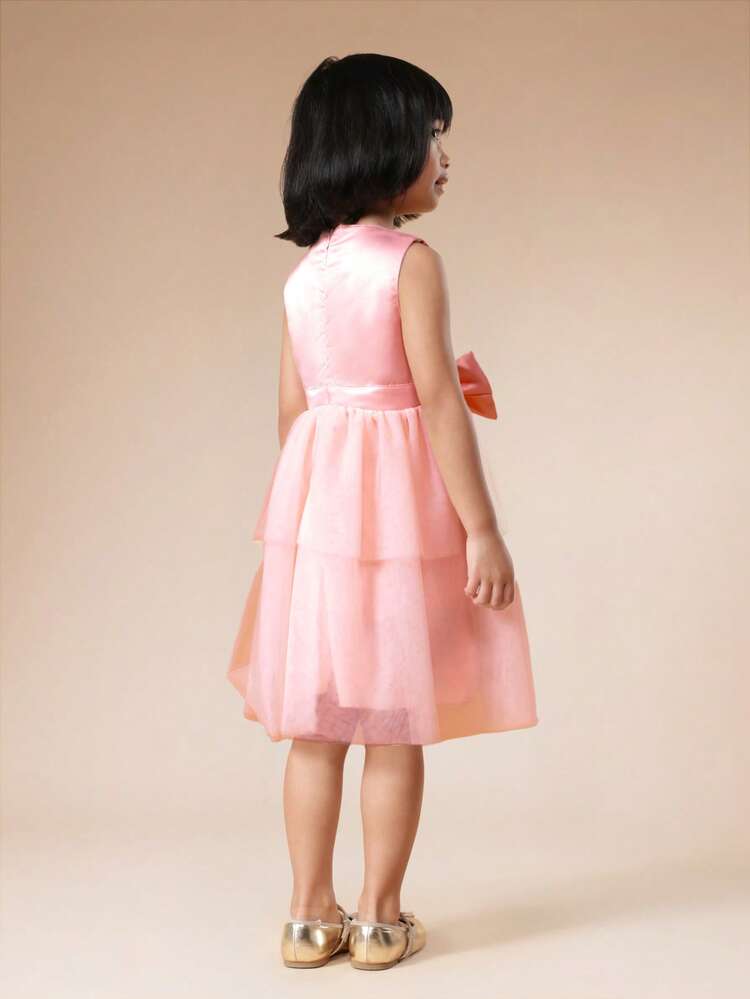 Sleeveless Organza Layered Dress With Bow Detail