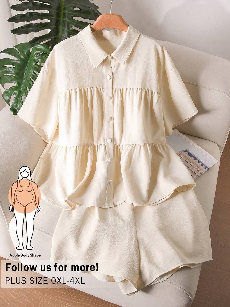 CosyJoli 大码女式宽松衬衫短裤套装，休闲度假装，春夏短裤套装 - 卡其色 - 查看 1
