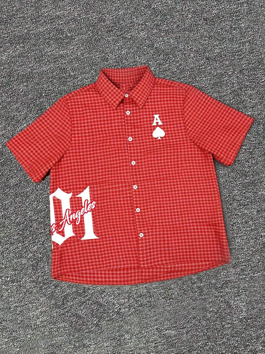 Manfinity Dauomo Casual Fashion Men's Letter & Plaid Short Sleeve Single-Breasted Shirt - Red - View 1