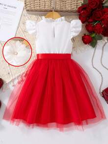 女童甜美公主风红白撞色荷叶袖连衣裙，饰有3D立体花朵和珍珠，配蝴蝶结腰带和薄纱，适合生日派对、聚会、日常穿着，春夏皆宜。 - 紅色 - 查看 2