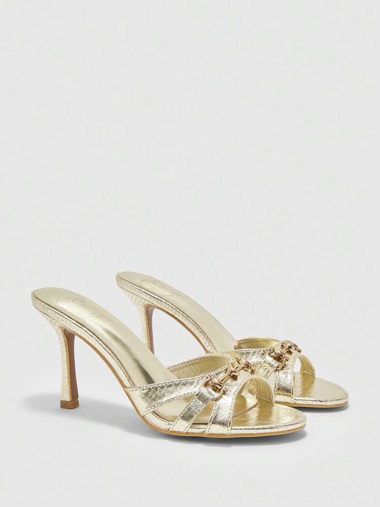 CUCCOO SZL Black PU Leather Gold Buckle Fashionable Comfortable Round Toe High Heel Mules Prom Heels