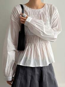 DAZY 女士休闲纯色长袖圆领衬衫，适合春季、夏季和情人节穿着。 - 白色 - 查看 5