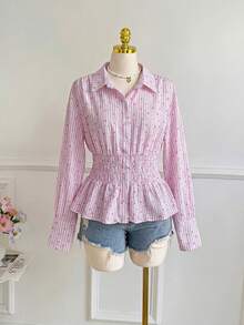 SHEIN EZwear Camisa casual de talla grande con estampado de corazones a rayas, otoño - Multicolor - Ver 6