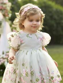 Baby Girl's Elegant Flower-Embroidered Net Ruffled Back Three-Dimensional Bow Dress In Summer, Princess Dress, Birthday Dress, Party Dress, Wedding Season, Flower Girl Dress - Green - View 2