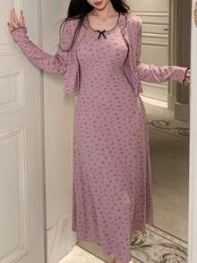 2pcs Women Ditsy Floral Camisole Dress & Long Cardigan Sleepwear Set - Mauve Purple - View 3