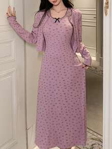 2pcs Women Ditsy Floral Camisole Dress & Long Cardigan Sleepwear Set - Mauve Purple - View 6