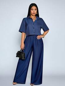 SOLERSUN Áo nữ tay ngắn, cài cúc đơn, màu trơn, chất liệu giả denim, có tay áo loe, phù hợp để mặc đi làm hoặc đi nghỉ mát. - Màu xanh hải quân - Xem 5