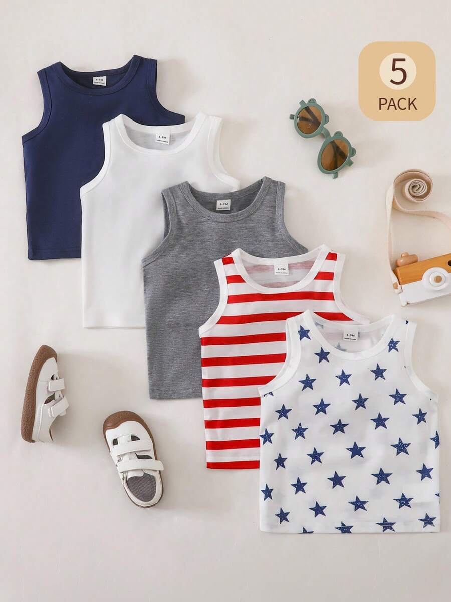 SHEIN Infant Boys' Basic Striped & Solid Color Round Neck Sleeveless Tops, Multi-Pack, Summer - Multicolor - View 1