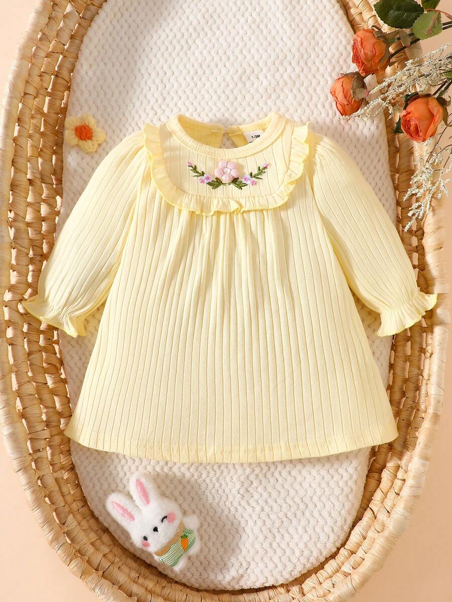 SHEIN 新款长袖新生儿米色圆领泡泡袖立体刺绣连衣裙，可爱优雅，简约舒适 - 黃色 - 查看 1