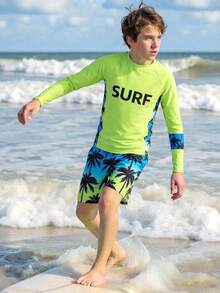 SHEIN Teen Boys 2 Pieces Swimwear Set,Long Sleeve Palm Tree Print Rash Guard Top With Swim Trunks,Suitable For Summer,Beach,Holiday,Pool Party Surf Shirt - Multicolor - View 3