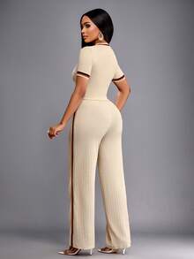 SOLERSUN Women's Summer Casual Multi-Contrast Color Crew Neck Top And Trousers Set Daily Casual Fall Clothes For Women Casual Women Outfits - Khaki - View 2