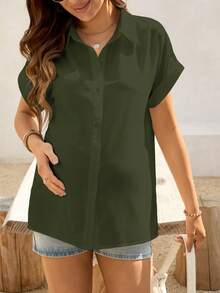 SHEIN Maternity Solid Color Short Sleeve Front Button Casual Shirt For Summer - Army Green - View 7