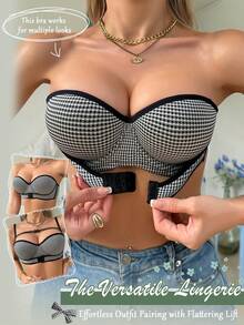 DesireSculpt 1件装女士格子钢圈前扣式上托文胸 - 黑與白 - 查看 3